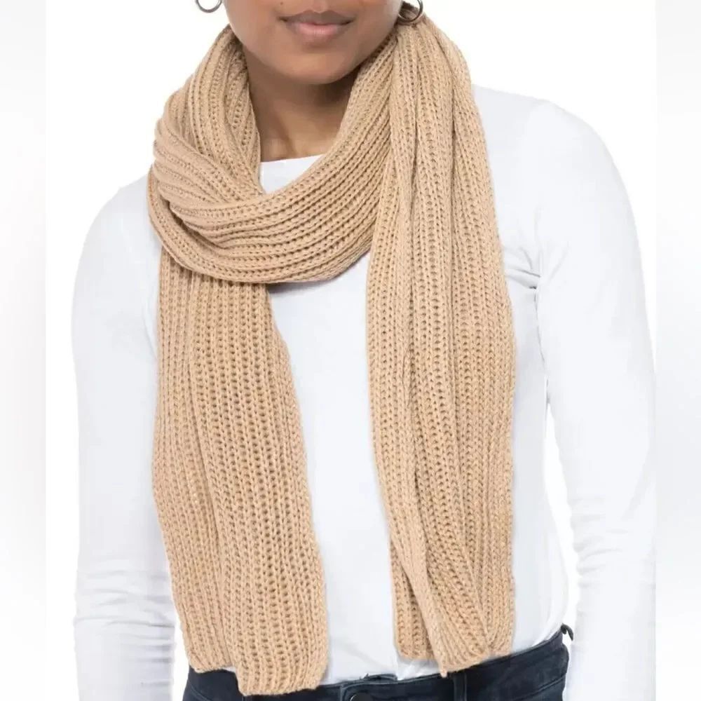 Style & Co Womens Solid Shine Ribbed Muffler Knit Scarf Camel One Size New
